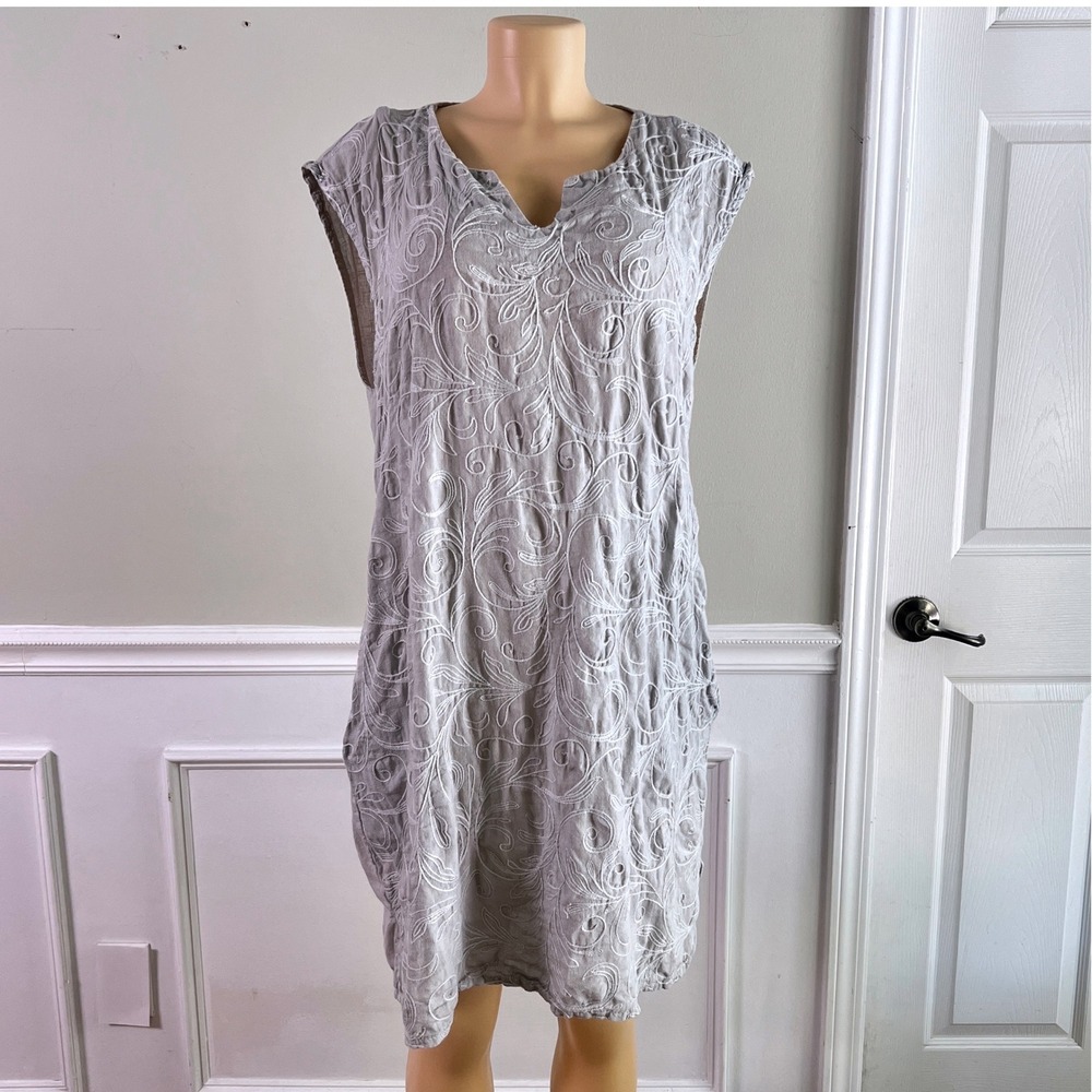 Made in Italy Linen Shift Dress Sz L Womens Embroidered Pockets Gray Lagenlook